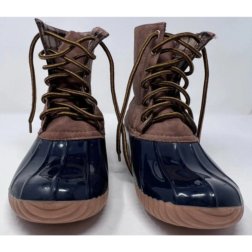 Green Forest Women's Rain Boots‎ Navy Brown Flannel Lining Size 7